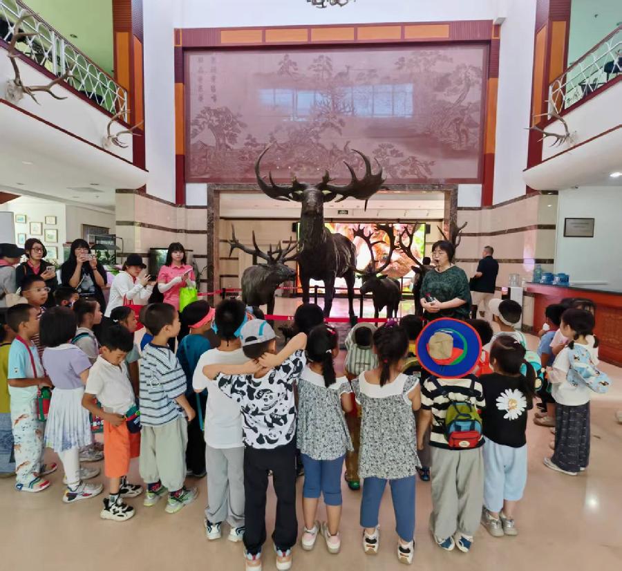 幼儿园小朋友在麋鹿苑博物馆听讲解