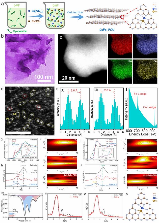 图1. CuFe-PCN双位单原子催化剂合成与表征